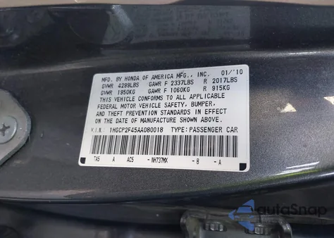 2010 Honda Accord 2.4 Lx-P z USA, uszkodzony, nr VIN 1HGCP2F45AA080018
